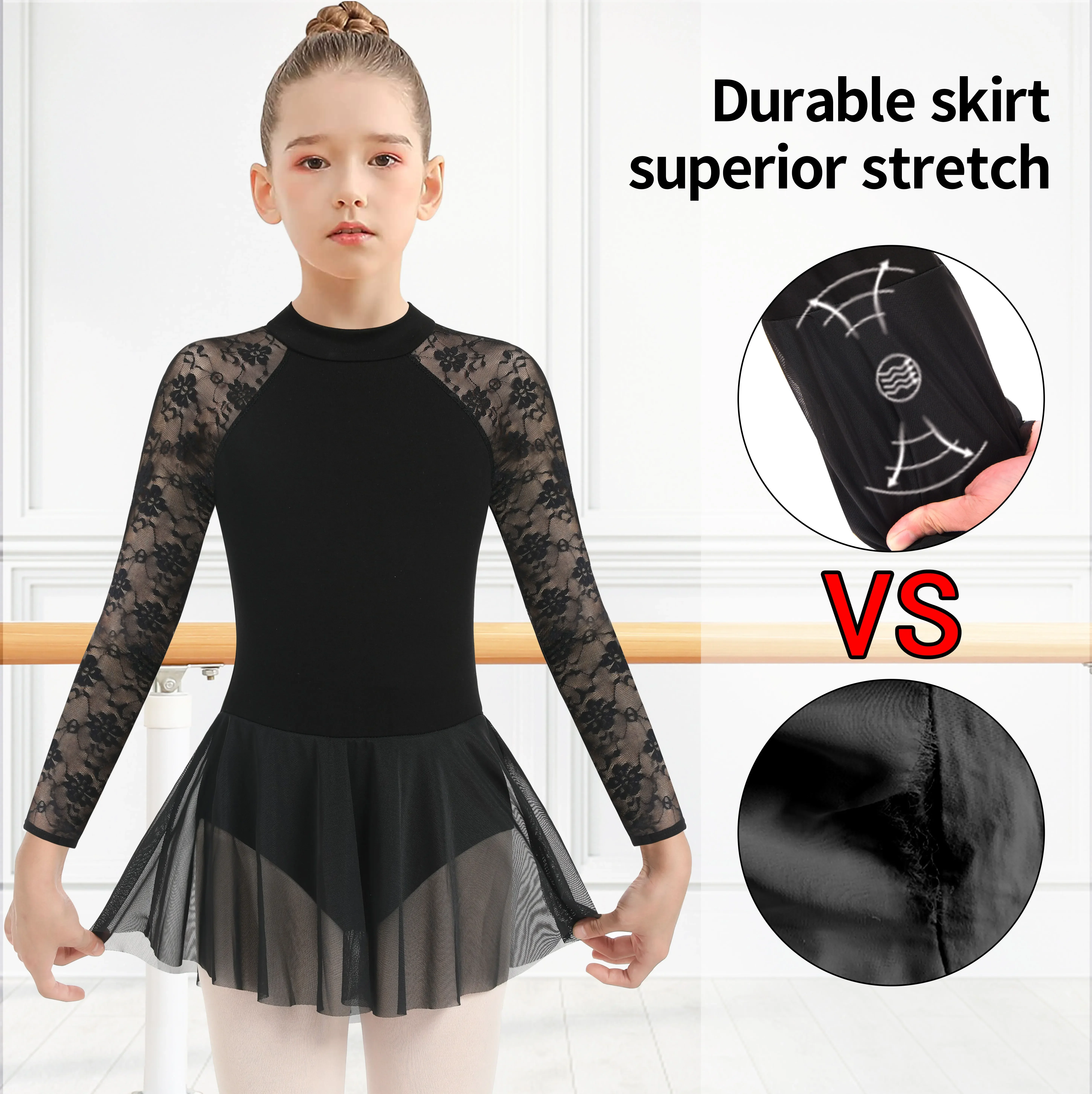 Girls Dance Ballet Leotard with Skirt,Big Girls Lace Sleeves Ballerina Dancewear