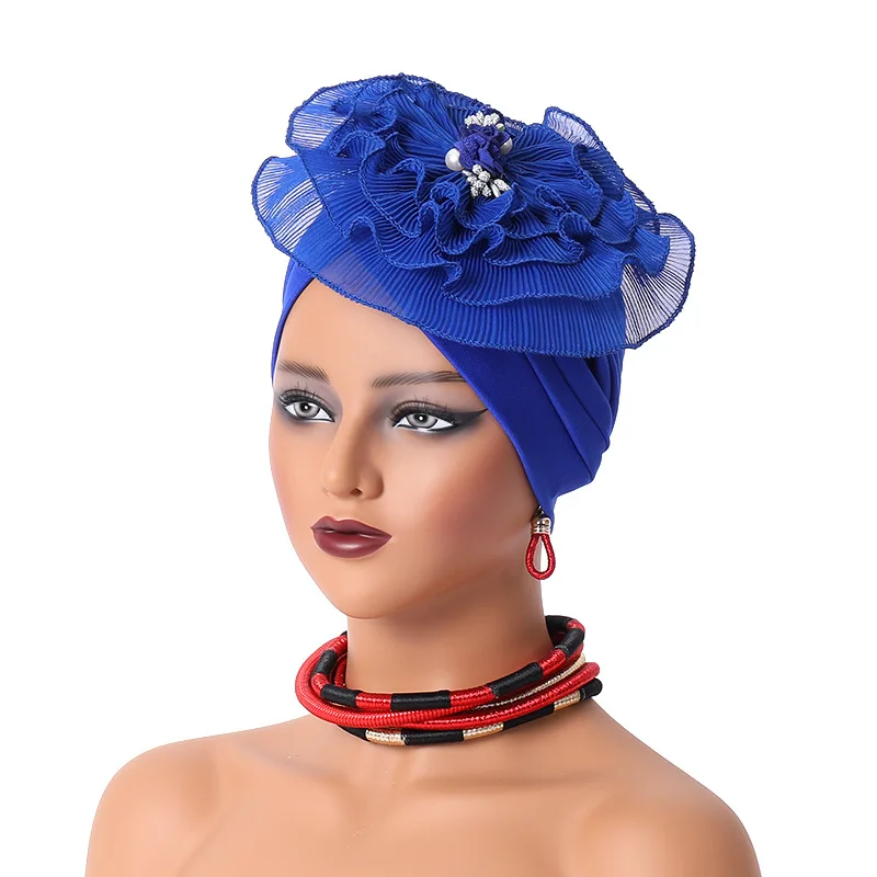 

Fashion Women Big Flower Pearls Turban Bridal Elegant Party Wedding Headwear Chemo Beanie Cap African Headtie Hair Accessories