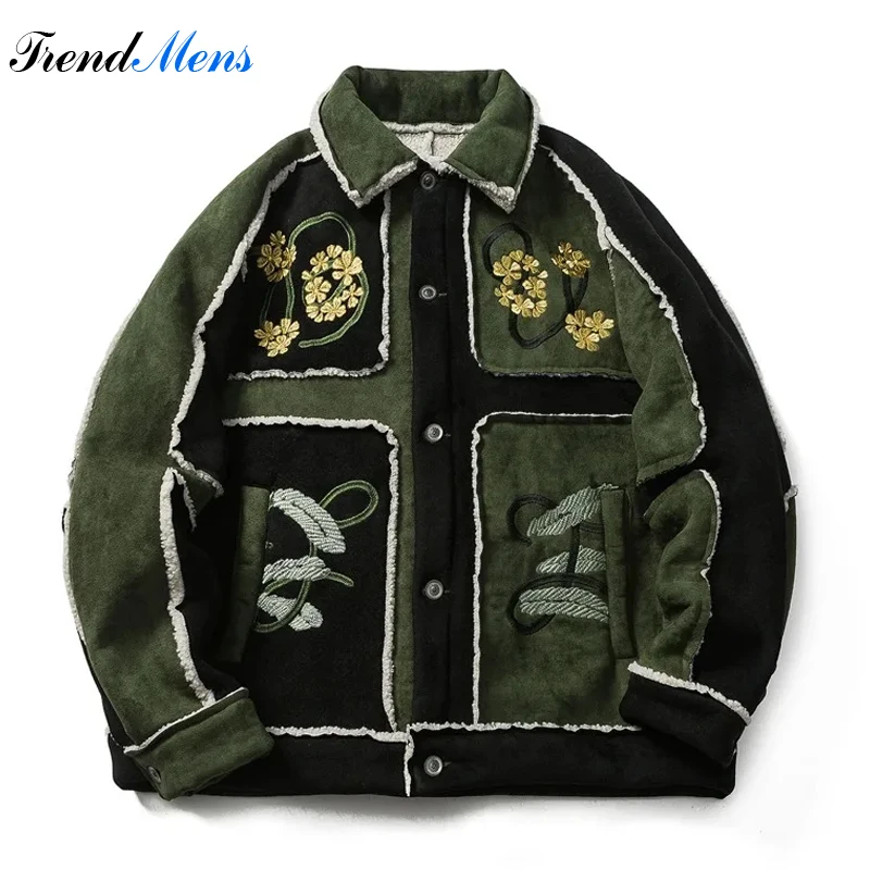 

Winter Contrasting Color Patchwork Suede Lamb Fur Parka Mens Lapel Single Breasted Thickened Insulation Jacket Couple Streetwear