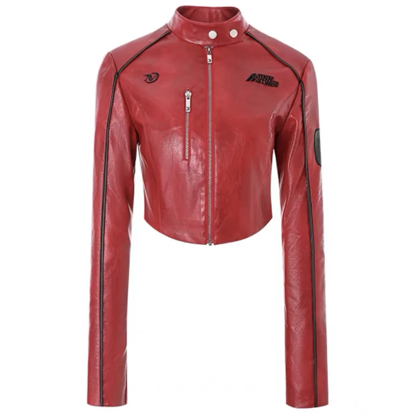 Faux Leather Jacket for Women Letter Print Red Short PU Leather Jackets Autumn Winter Female Casual Streetwear Coat Outerwears