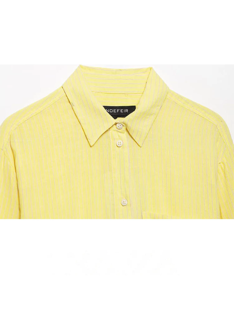 HH الإناث الصيف قمصان غير رسمية الأصفر بدوره إلى أسفل طوق كم طويل جيب تزيين واحدة الصدر المرأة بلوزات الموضة