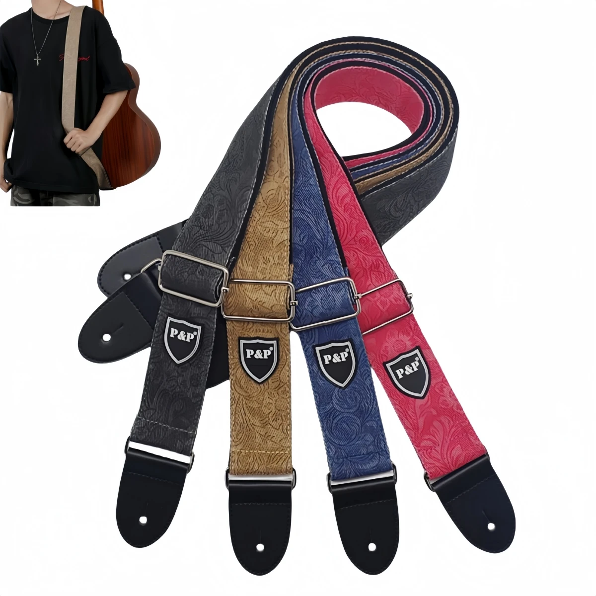P&P Denim Cotton Guitar Strap, Adjustable & Widened Thickened Belt for Electric Bass Ukulele, Comfortable Guitar Strap