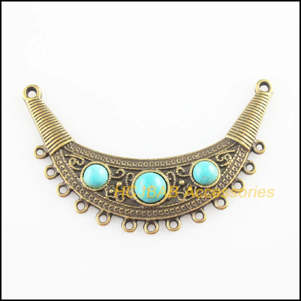 Fashion 2Pcs Antiqued Bronze Plated Moon Flower Blue Stone Charms Pendants Connectors 40x67.5mm