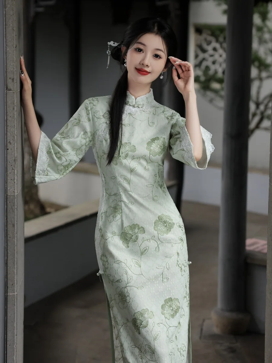 Yourqipao Chinese Traditional Hanfu Improved Embroidered Cheongsam 2023 Autumn 3/4 Sleeve Long Qipao Vietnamese Dress for Women