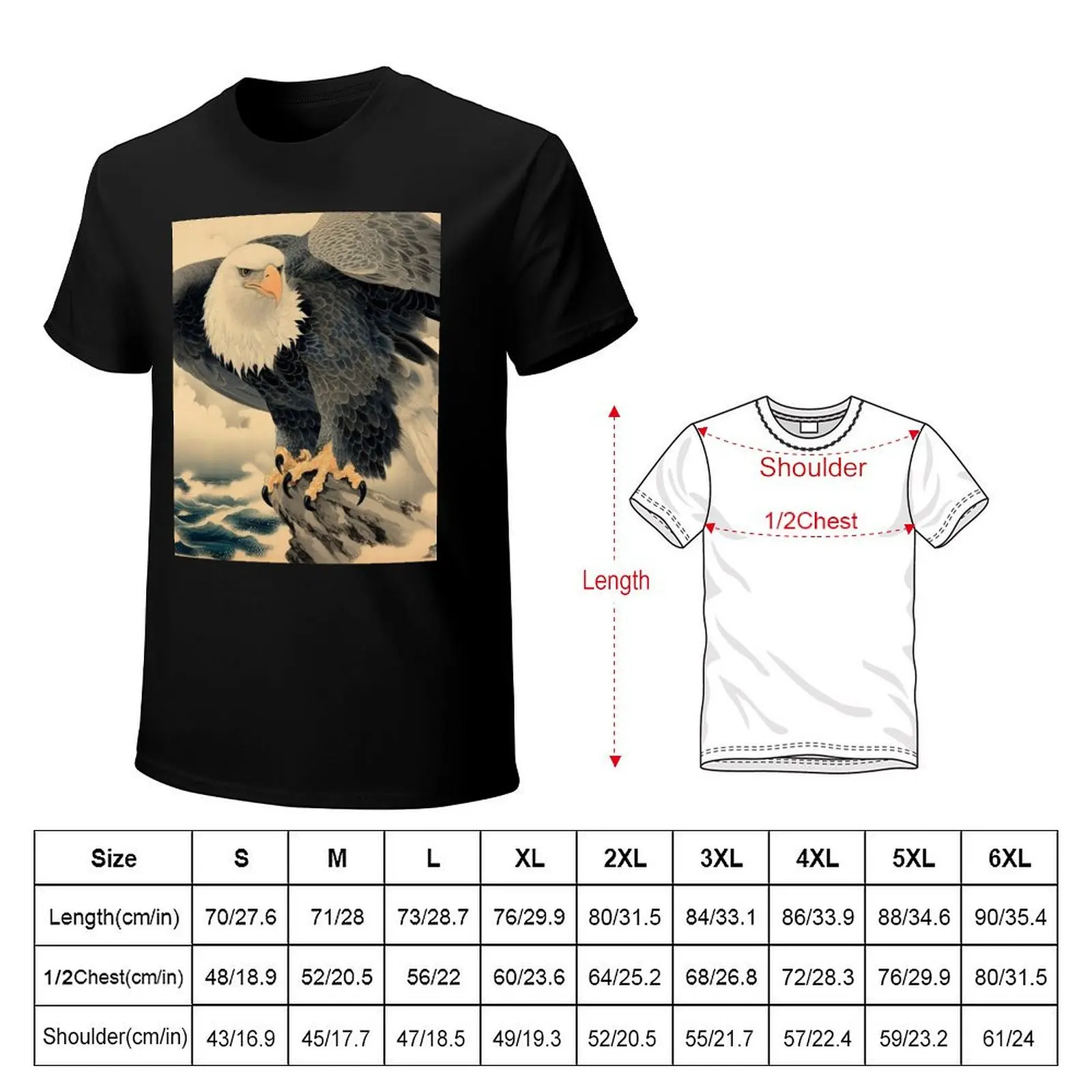 Bald Eagle - Rocks At The Sea - Ukiyo-e Style Scroll T-Shirt Stylish Graphic Short Sleeve Top