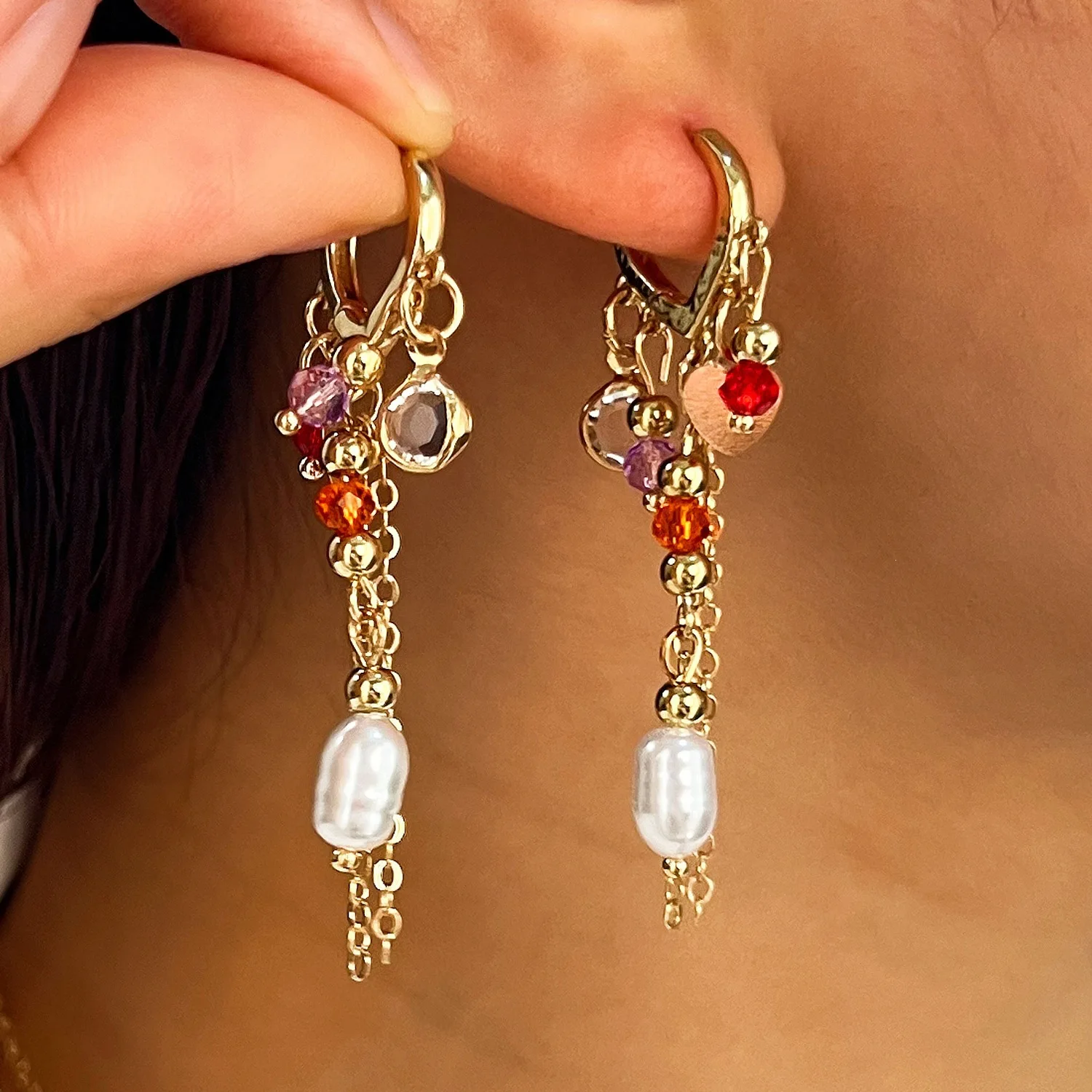 Boho Vintage Heart Pearl Crystal Drop Hoop Earrings for Women Handmade Beads Tassels Dangler Summer Vacation Beach Jewelry