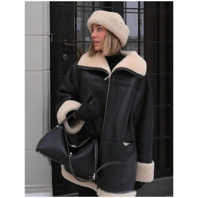 Elegancki płaszcz ze skóry ekologicznej z futrzanym kołnierzem dla kobiet, nowość na jesień i zimę, młodzieżowy, miejski, długi rękaw.