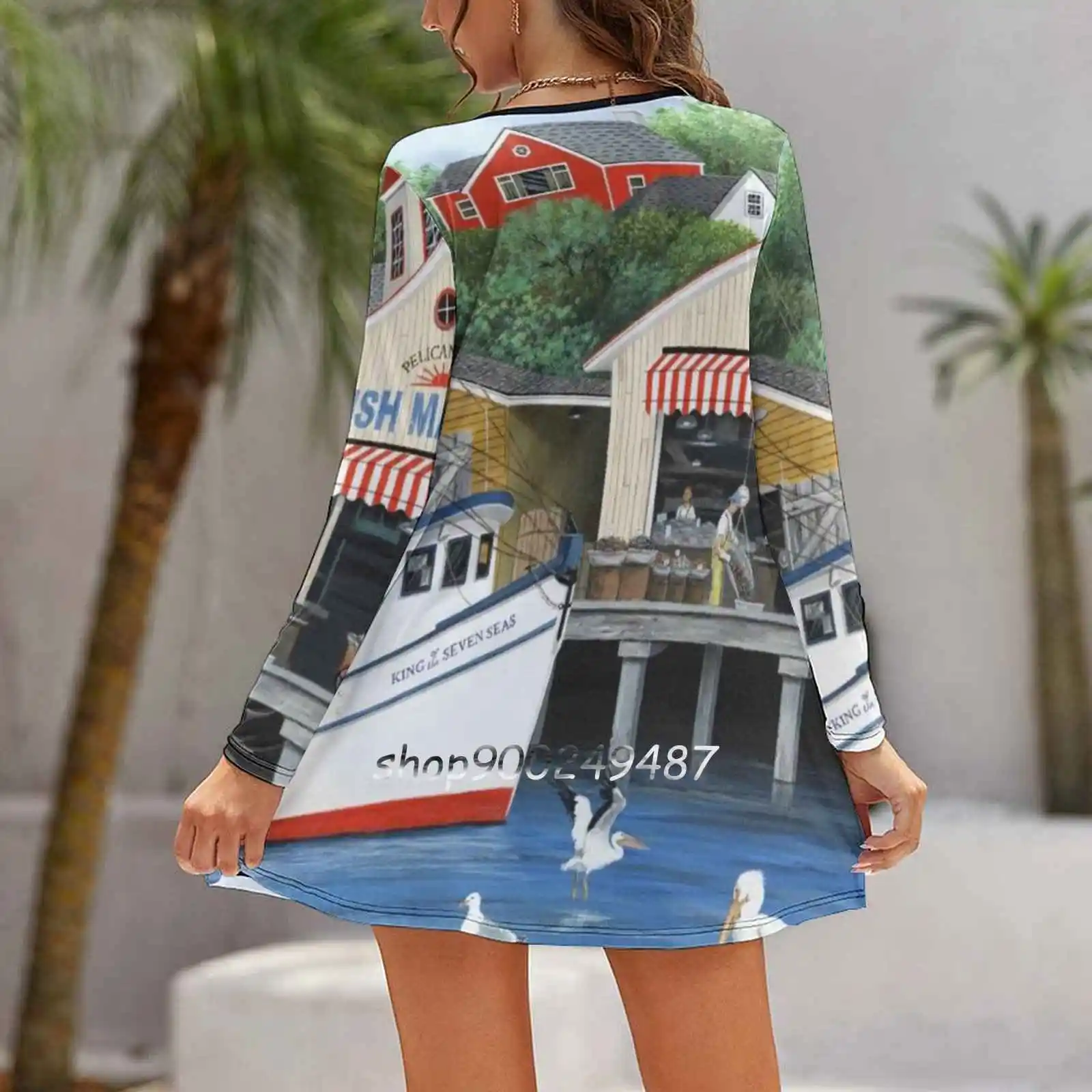 Pelican Bay Women Spring Autumn Long Sleeve Dress Female Casual Dress Seascape Americana Folk Art Pelican Gulls Bird Fishing