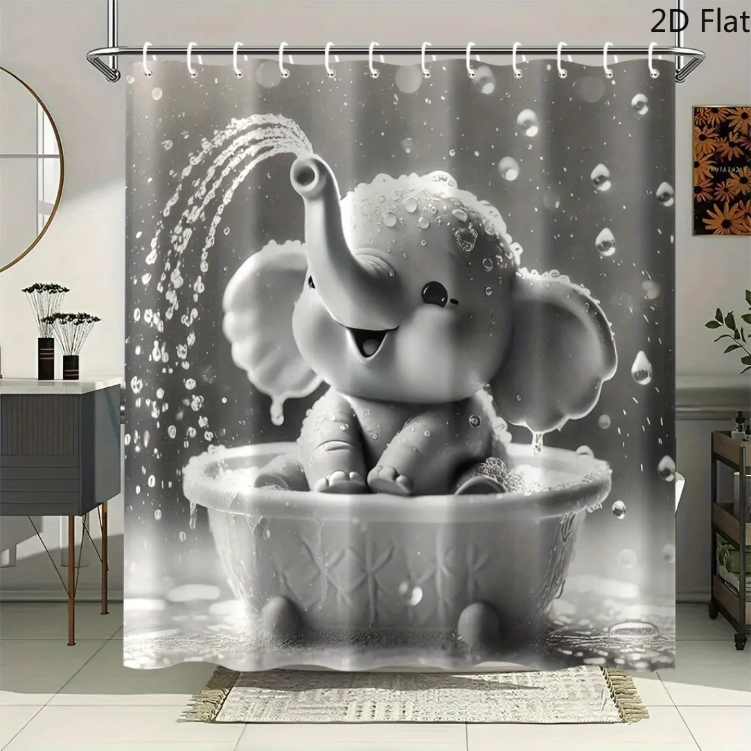 2D Flat, 2D Flat, 2D Flat Shower Curtain, 1pc, Young Elephant Playing in Bathtub Pattern Printed Shower Curtain, 180.34X180.34 c