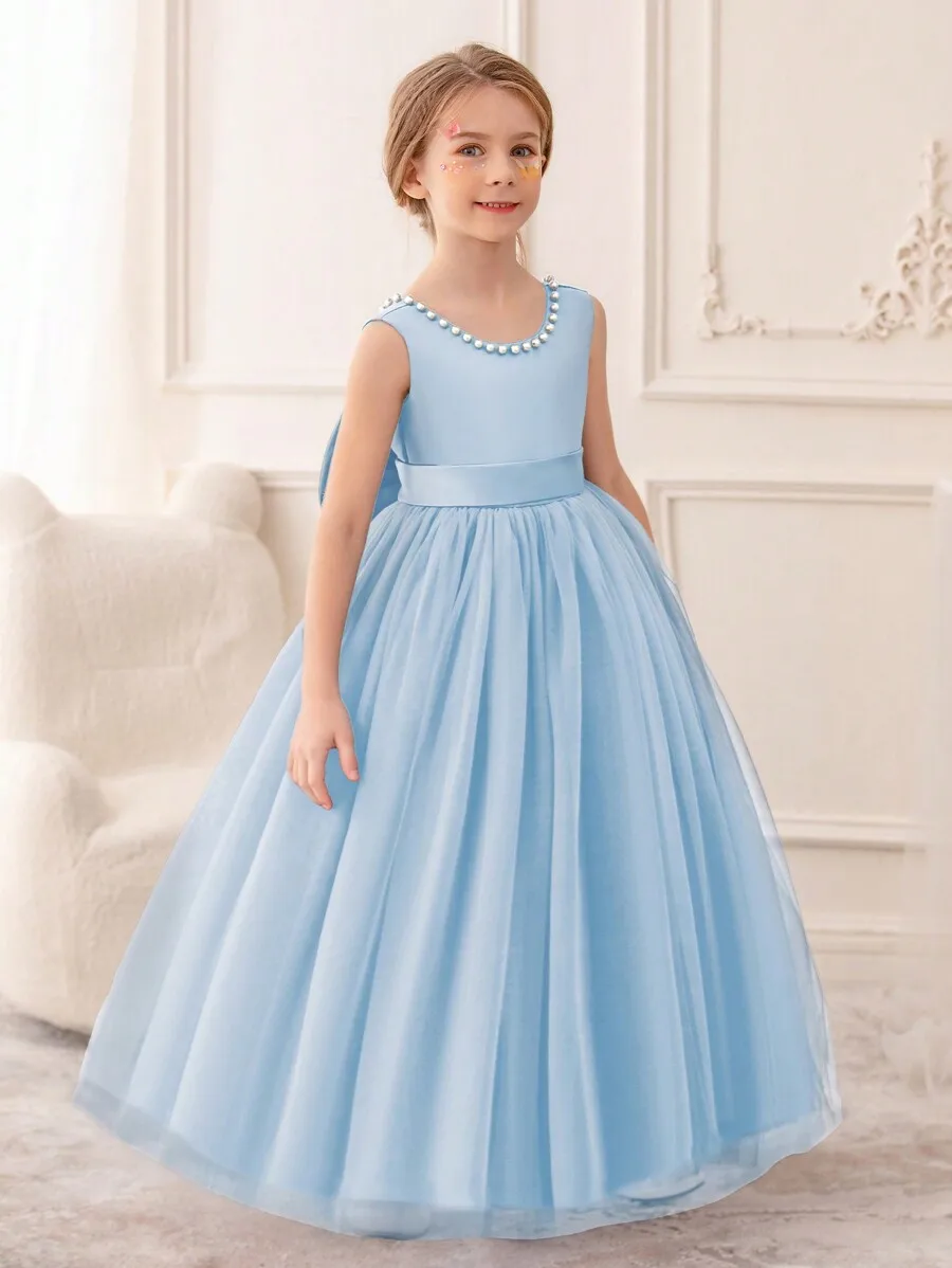 

Light Blue Ball Gown Evening Dress With Pearl Beading And Tulle Skirt