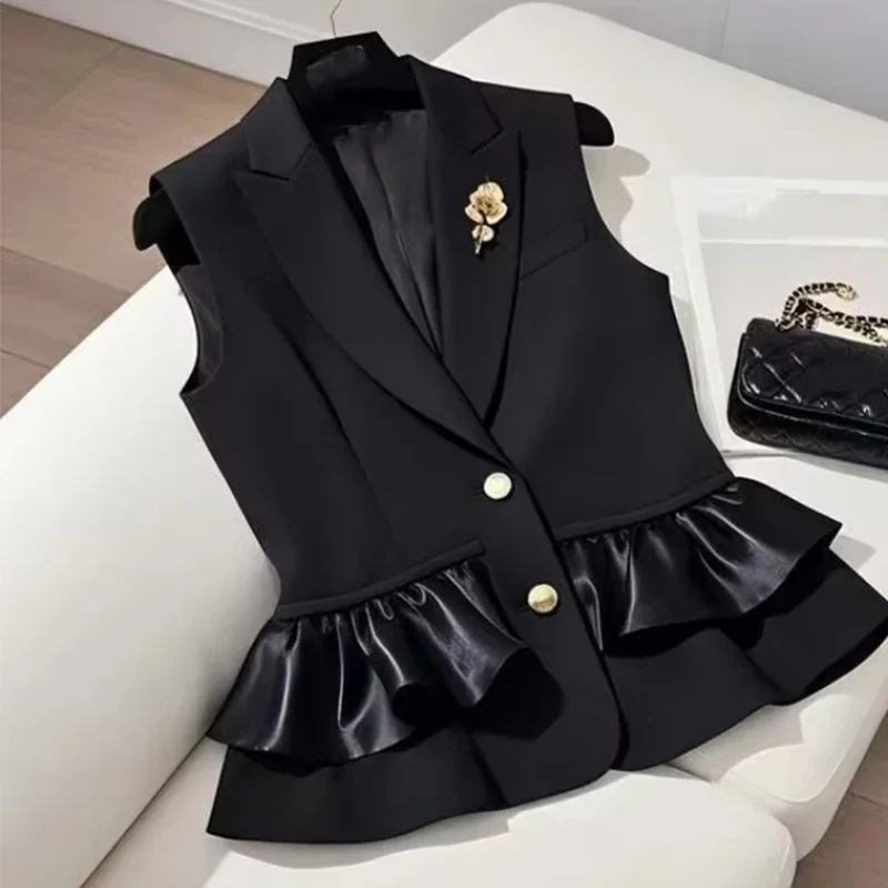

Черные лоскутные жилеты с рюшами, однобортные пиджаки, жилеты, пальто, женская официальная офисная женская элегантная верхняя одежда, лето 2025
