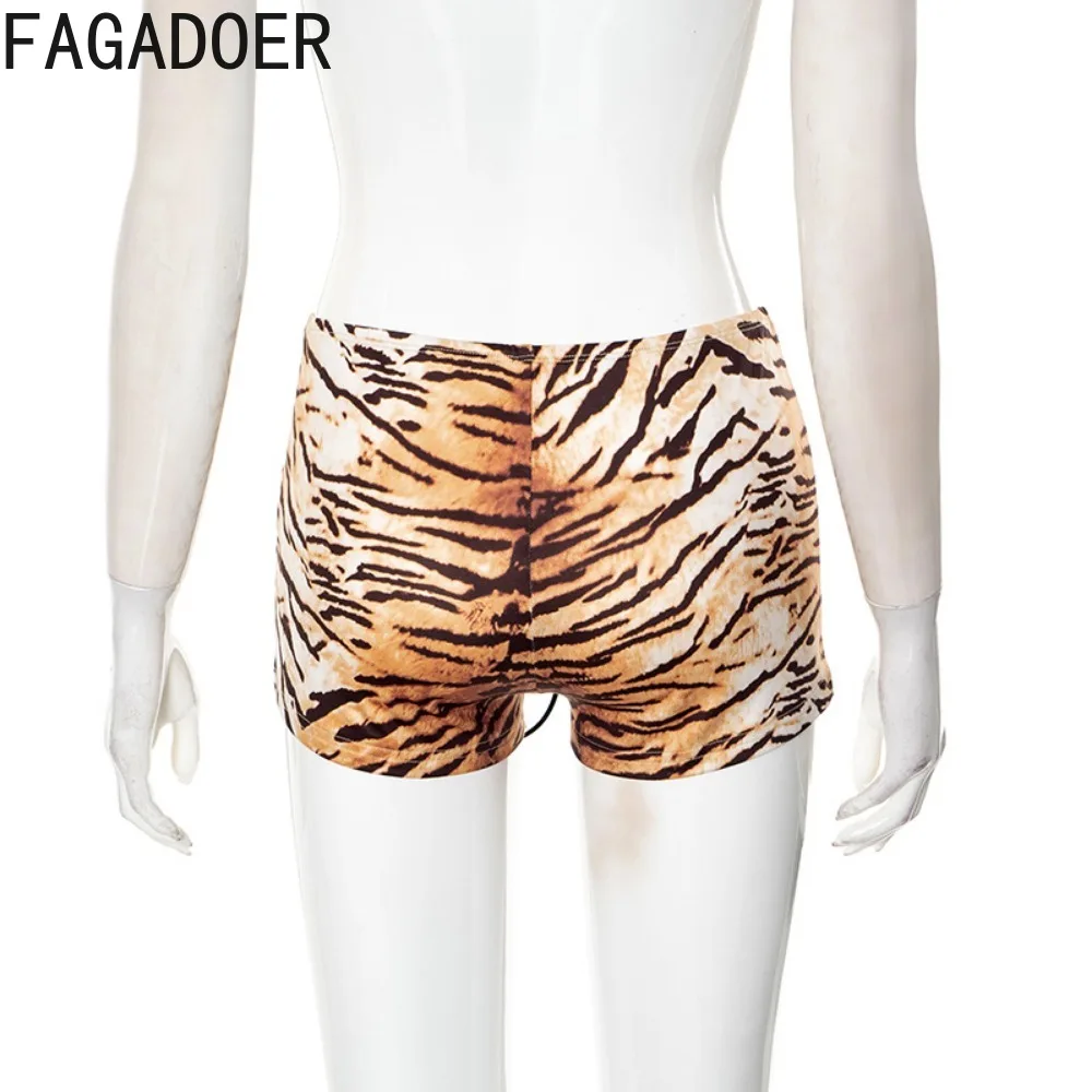 FAGADOER Summer New 2025 Sexy Tiger Print Mini Shorts Women American Hot Girl Bandage Patchwork Skinny Shorts Streetwear Bottoms