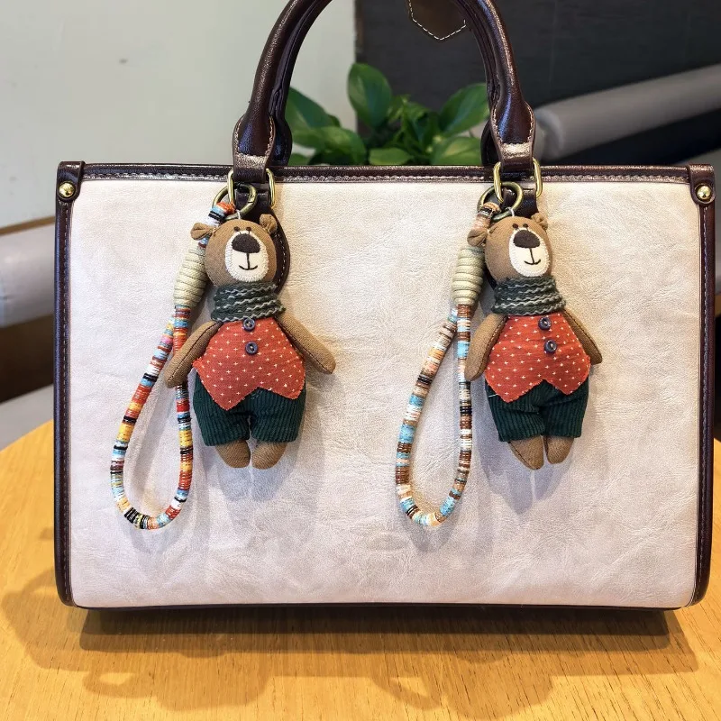 Handmade Fabric Bear with Scarf Keychain Niche Artistic Plush Bag Charm Brown Cute Soft Eco Friendly Premium Quality Accessories
