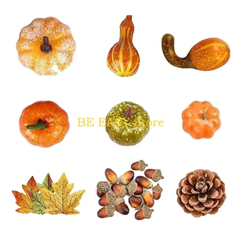E28F Artificial Pumpkins Maple Leaves Pine Cones Acorns Set Fake Pumpkin Vegetables - view 3