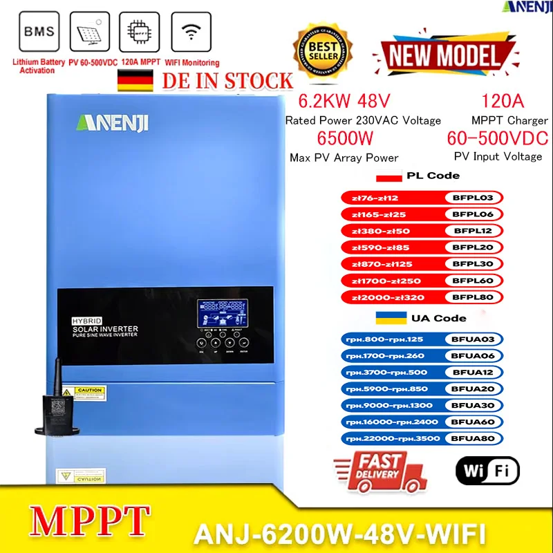 6.2KW 1.8KW Hybrid Solar Inverter 48V 12V 230V MPPT Solar Inversor Pure Sine Wave Off Grid 120A 60A Solar Charge Controller Wifi