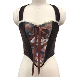 Women's Velvet Oil painting Corset Tank Top Bone Patchwork Crop Top Sexy Ribbon Bandage Bustier French Style Body Shaper 2023