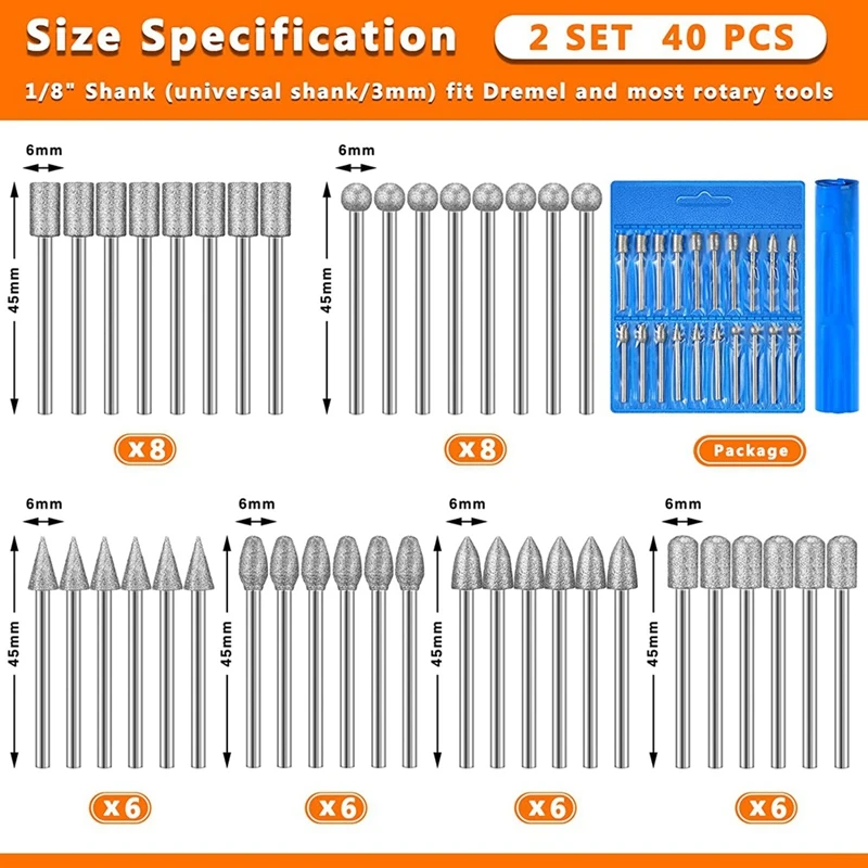 40 Pieces Diamond Burr Bits Stone Carving Set For Dremel Rotary Tool With 1/8 Inch Shank For Polishing Engraving Stone