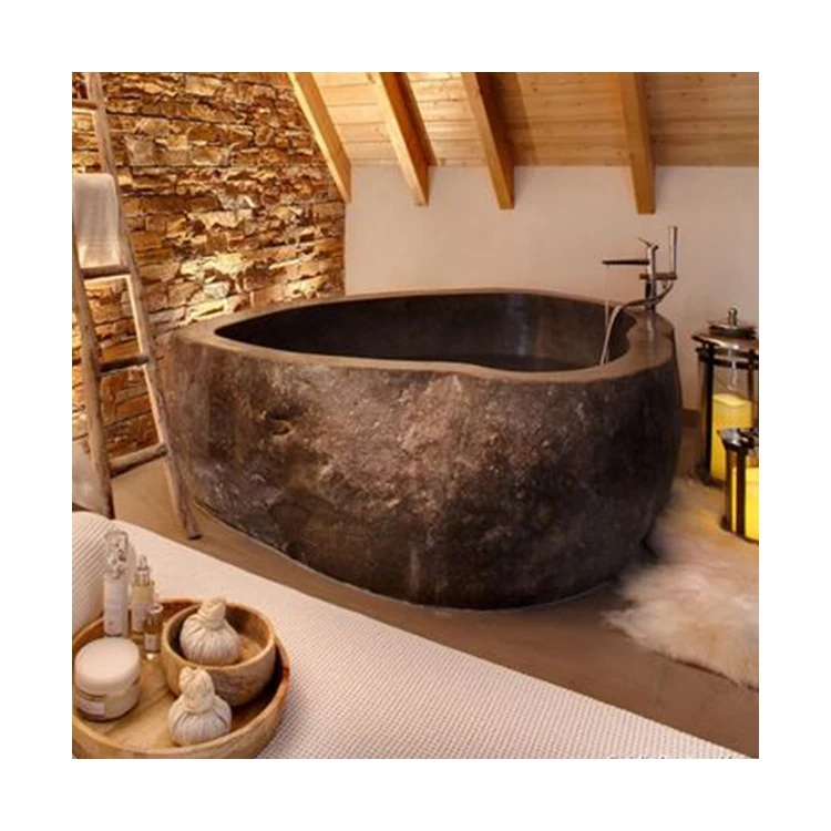 Modern Indoor Freestanding Corner Natural Black Marble Stone Bathtub Large Round Soaking Tub with Drainer for Hotel Bathroom Use