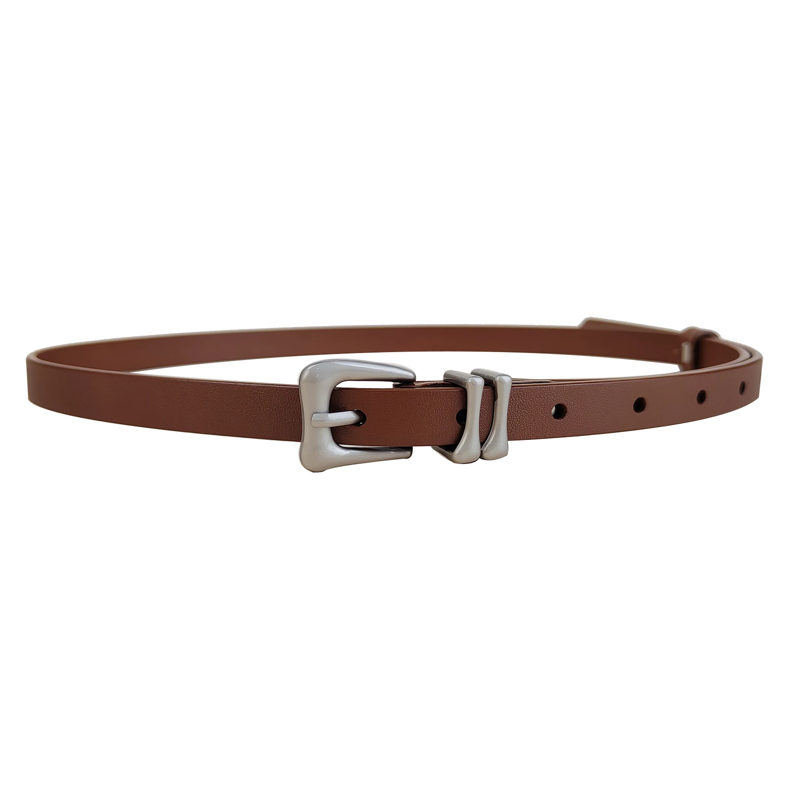 Minimalist Retro Ladies Belt Double Metal Keeper Rings Matte Silver Irregular Metal Pin Buckle Thin Belt For Jeans Suit Office
