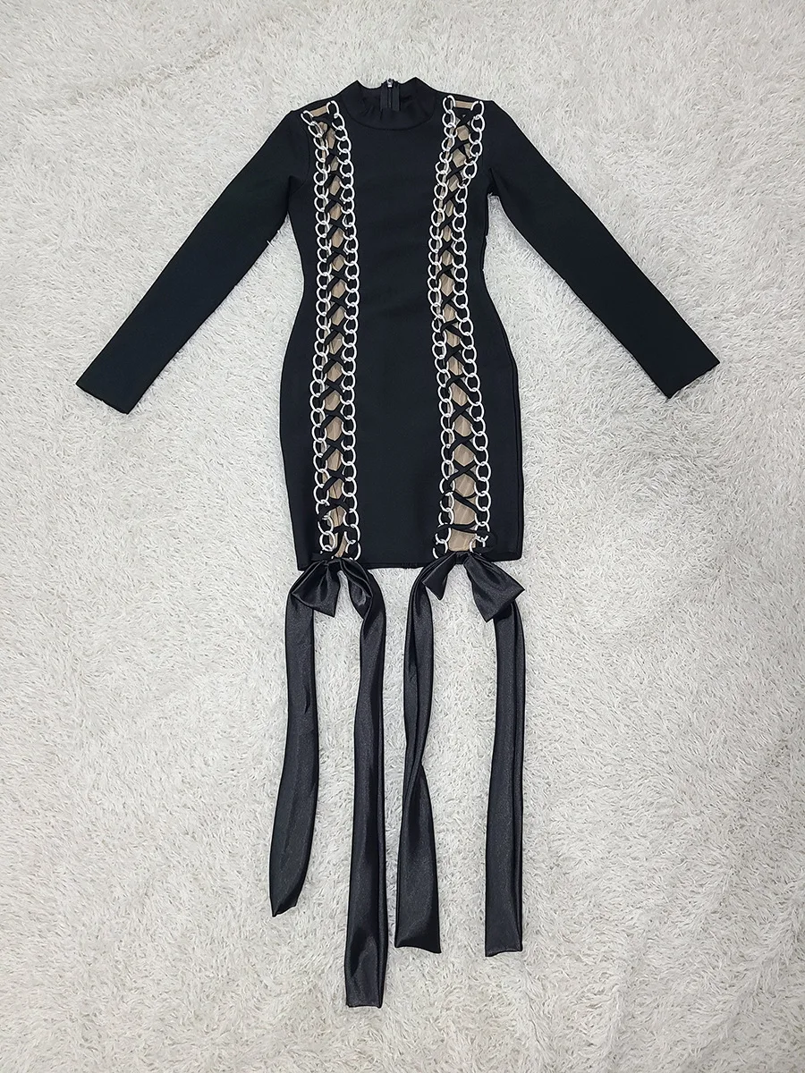 여성 체인 트림 메쉬 컷아웃 터틀넥 긴팔 리본 사이드 숏 블랙 드레스 럭셔리 이브닝 파티 클럽 웨딩 게스트 드레스