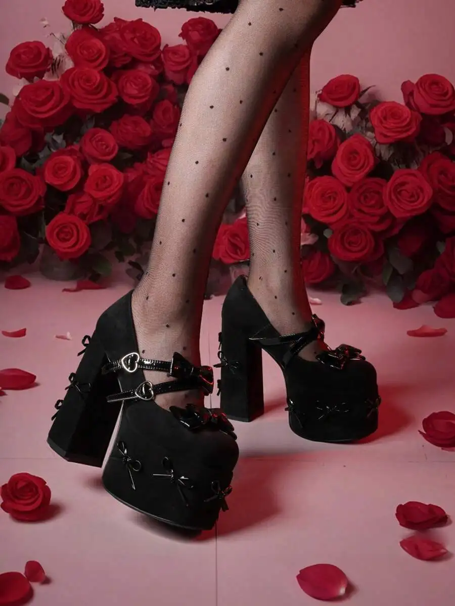 Zapatos de tacón grueso con plataforma de terciopelo y lazo, estilo Mary Jane, retro, para fiesta, para mujer