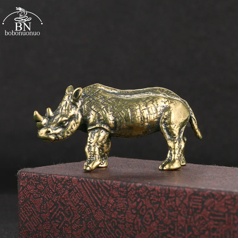 Solid Brass Rhino Statue Ornament Office Desktop Decoration Crafts Accessories Antique Copper Animal Tea Pet Figurines Miniature