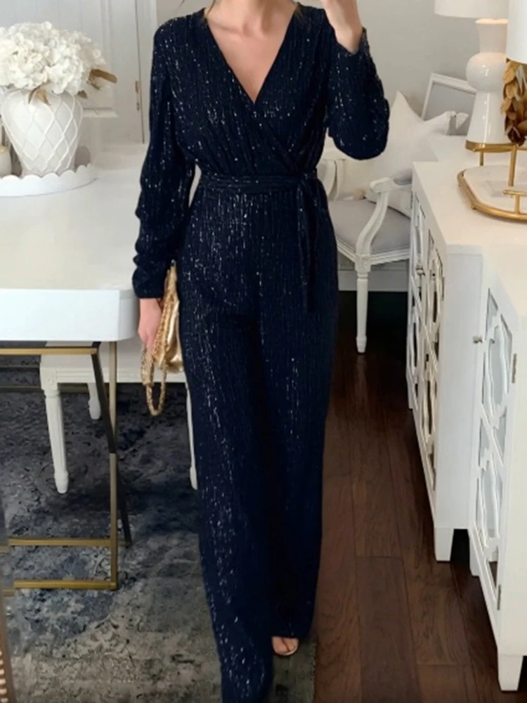 

Elegant Lady Solid Color Wide Leg Playsuits Temperament High Waist Lace Up Commute Rompers Sequins V-neck Long Sleeve Jumpsuits