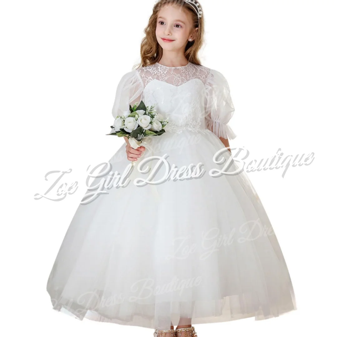 White Puff Half Sleeve Lace Neck Embroidered Tulle Flower Girl Dress Back Bow Gown Wedding Birthday First Communion Customized