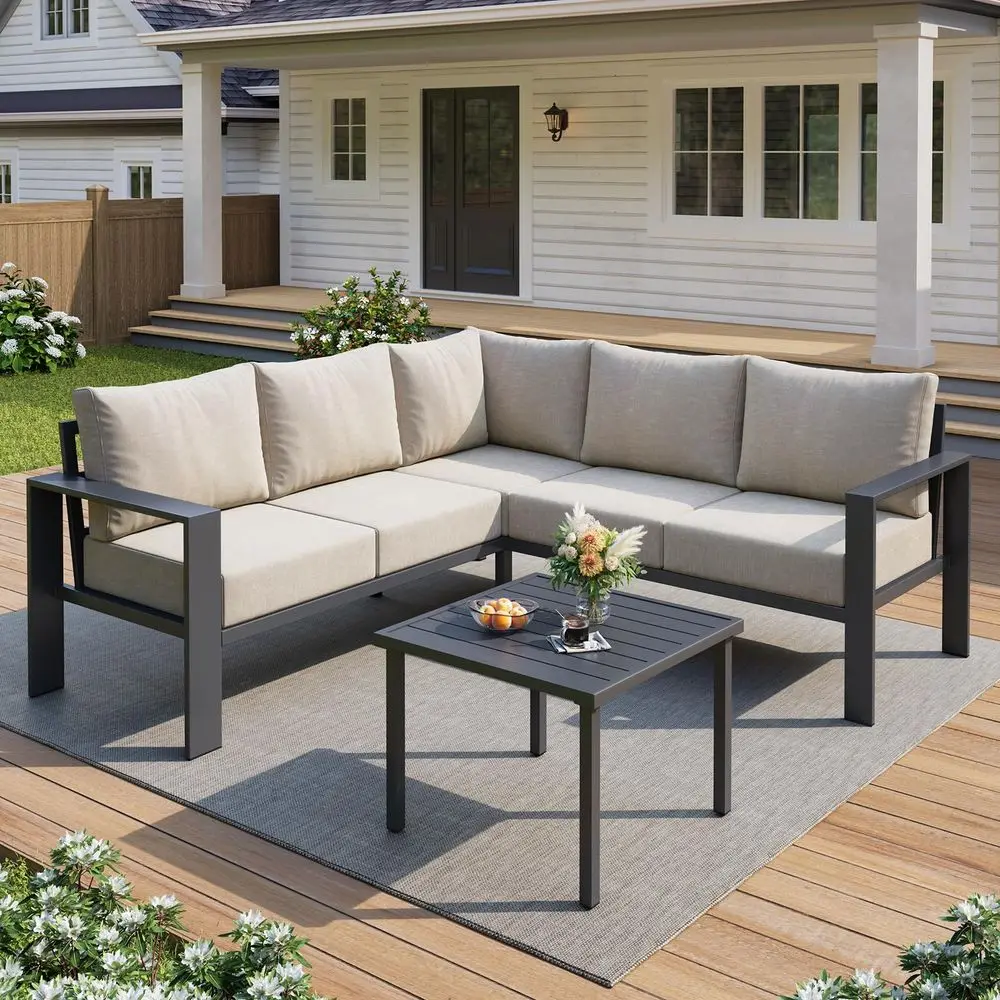 

6 Piece Patio Furniture Set, Metal Outdoor Sectional Sofa with 6 Thick Olefin Cushions, Wide Armrest amp Coffee Table, L Shaped