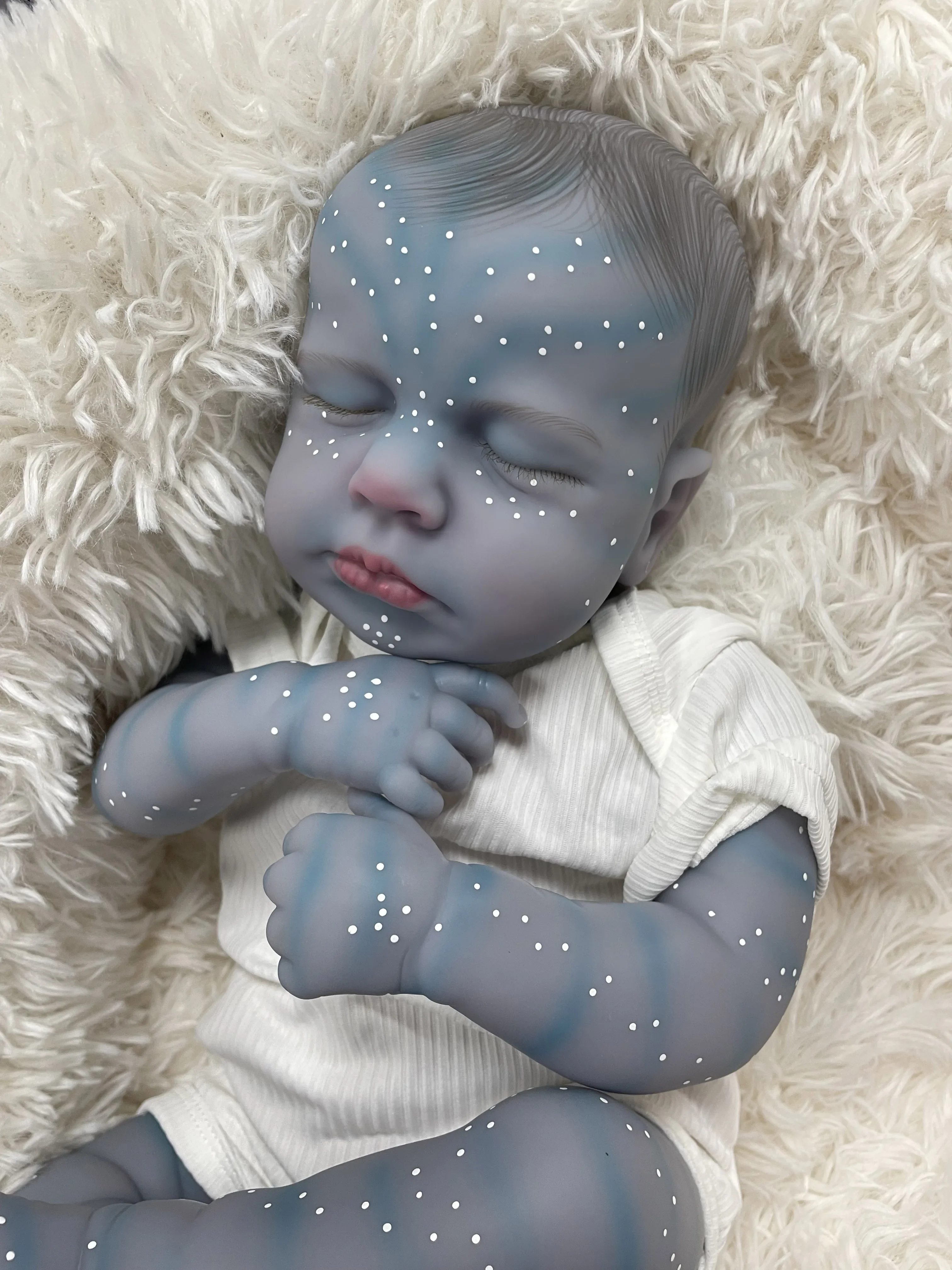 48cm loulou versão de pele azul toque macio pano corpo já terminado pintura realista dormir boneca reborn com desenhar à mão cabelo