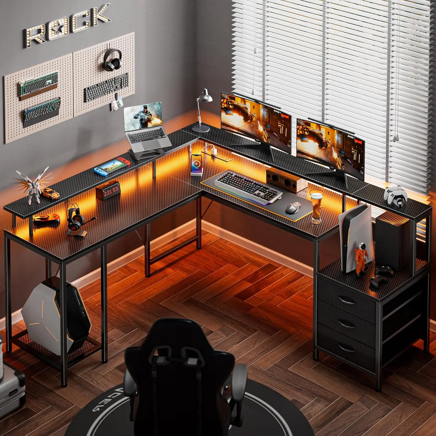 

L Shaped Gaming Desk with LED Lights and Power Outlets, Computer Desk with Drawers, 66.1 Inches Corner Desk