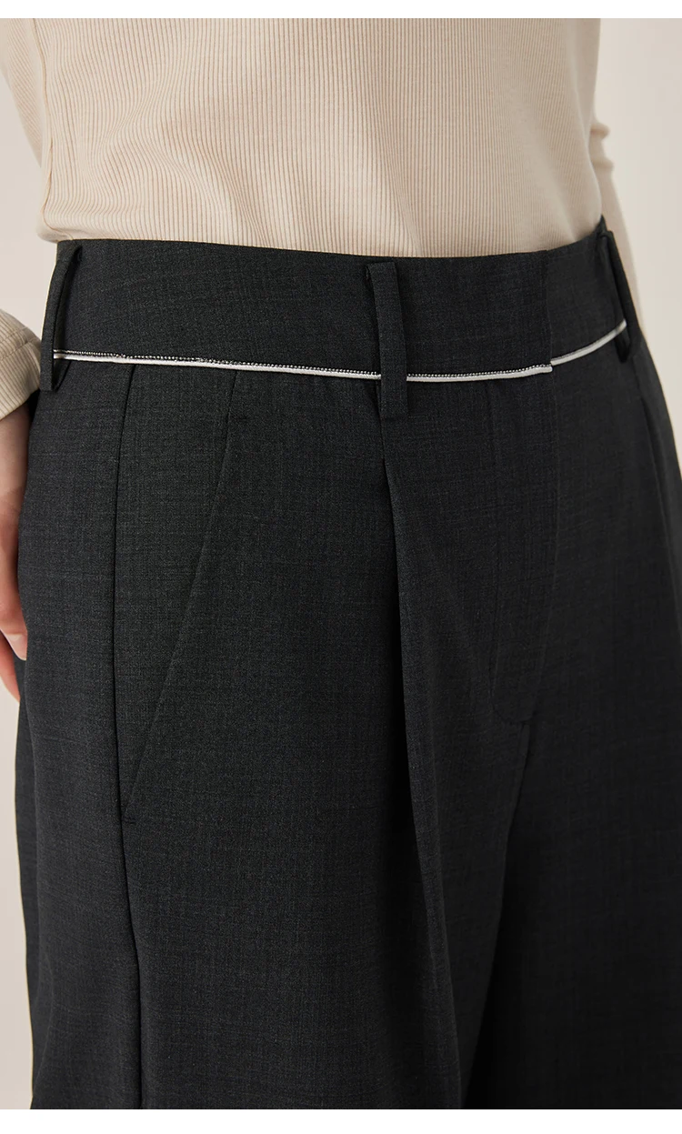 KL9523338 Hoch taillierte Hose aus Wollmischung mit weitem Bein für Damen, plissierte Vorderseite, Herbstmode, Damenbekleidung – Detail 10