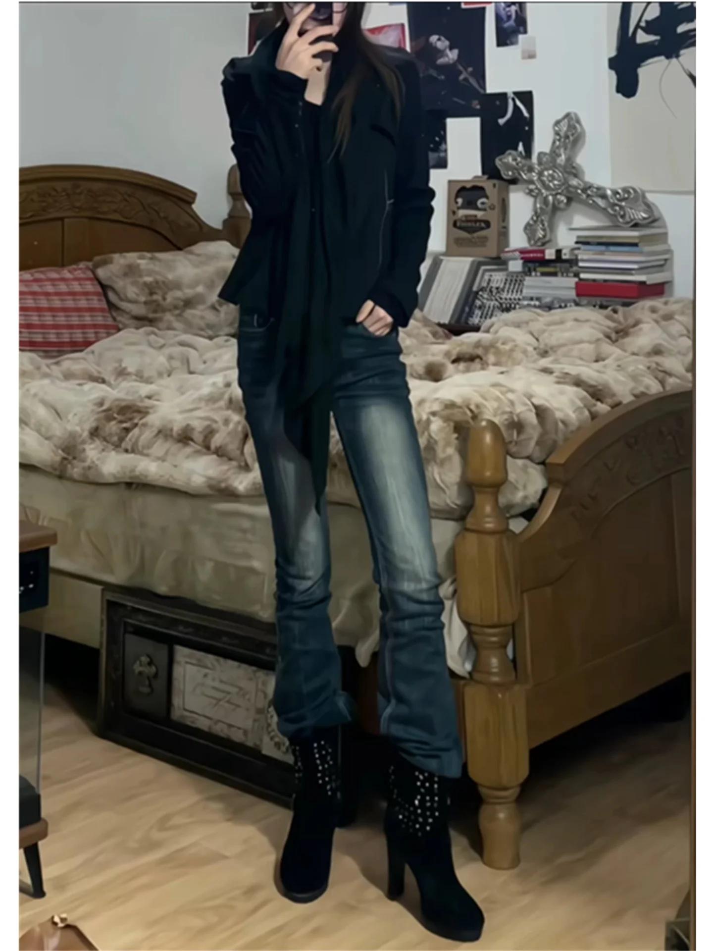 

Ретро-джинсы американского стиля с низкой посадкой, прямые, расклешенные, женские, утягивающие, удлиненные, с эффектом потертости, узкого кроя