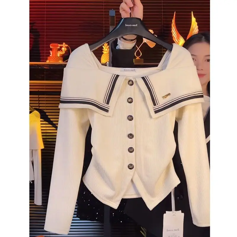 Korean Fashion Navy Collar White Knitted Shirt Female Coat Autumn New High end Unique Sweet Long Sleeve Knit Cardigan Women Top