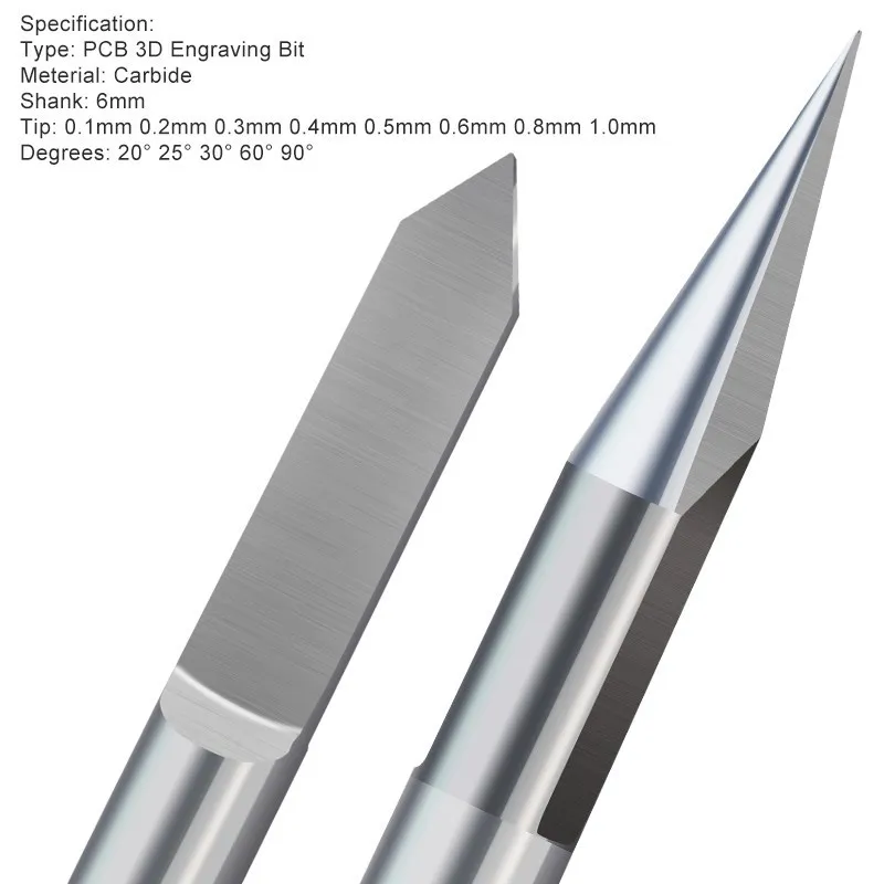 1pc 6mm Schaft V Form Gravur Bit Flache Unteren Spitze 0,1-1,0mm PCB Gravur Bit 20-90 grad Hartmetall CNC Router Fräsen Cutter