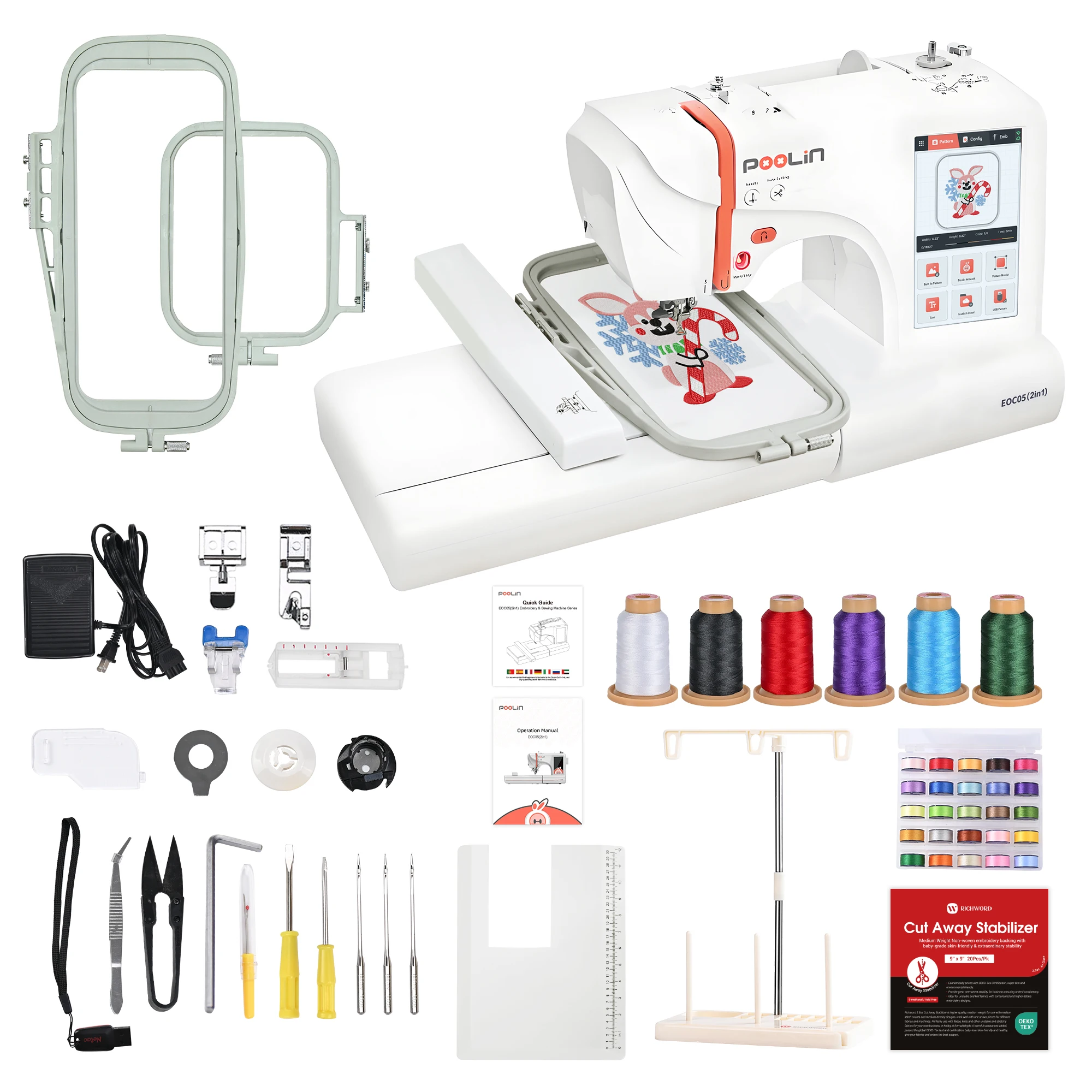 

PooLin EOC05(2in1) Mini Portable Single Needle Sewing Embroidery Machine Computerized for Home Use Clothing Shops