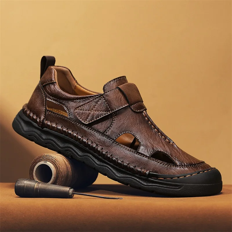Men's Hollow Out Sandals Leather Thick-soled Beach Shoes Non-slip Handmade Sandals All-match Men's Flats Summer Outdoor Shoes
