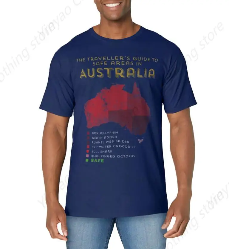 Australian Safe Zone Travel Guide Printed T-shirt Cool Fashion Cotton Shirt Hidden Blue Short Sleeve