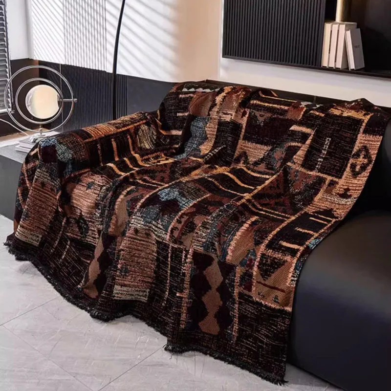 American Retro Geometric Sofa Towel Chenille Printed Anti-Scratch Sofa Cover All Seasons Anti-Stain Couch Blanket for Single