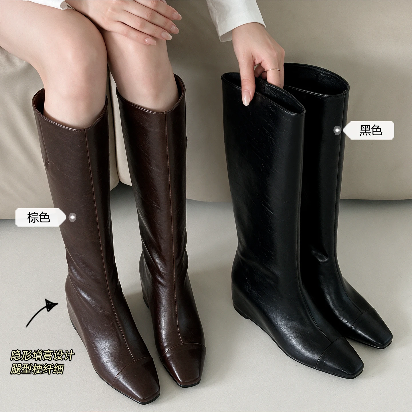 2026 new autumn winter women knee-high boots 22-25cm cowhide+splitleather+pigskin/plush square toe women long boots fashion