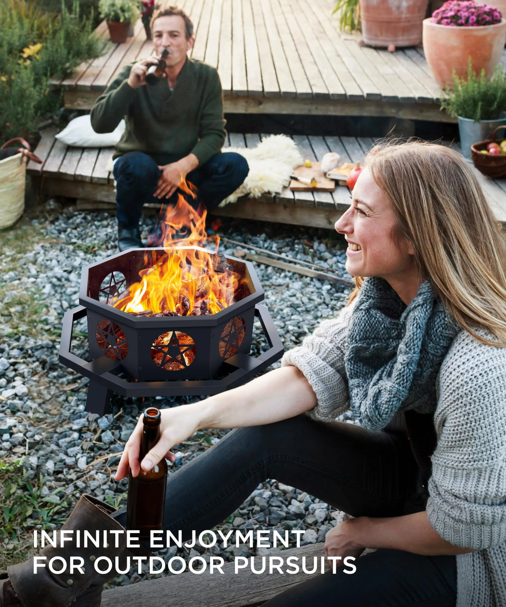 35 inch Fire Pit, Outdoor Fire Pit Wood Burning Fire Pits with Cooking Grill, Large Firepits for Outside Octagonal