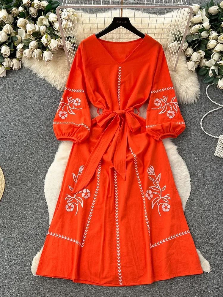 

Women Spring Smmer Dress Korean Bohemian Lantern Long Sleeve Embroidery Dress Temperament A-line Swing High Waisted Dress D4220