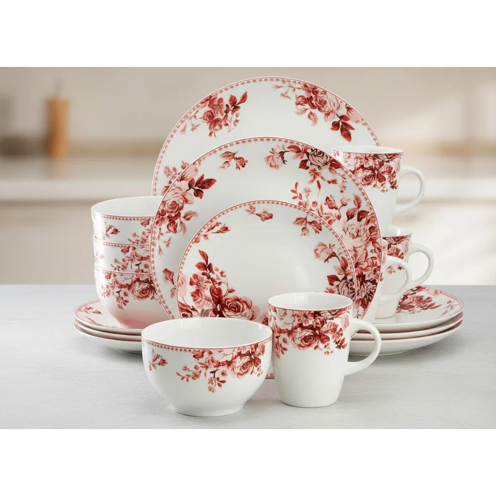 

Traditional Rose 16-Piece Stone Dinnerware Set for 4, Microwave & Dishwasher Safe, Elegant Floral Design