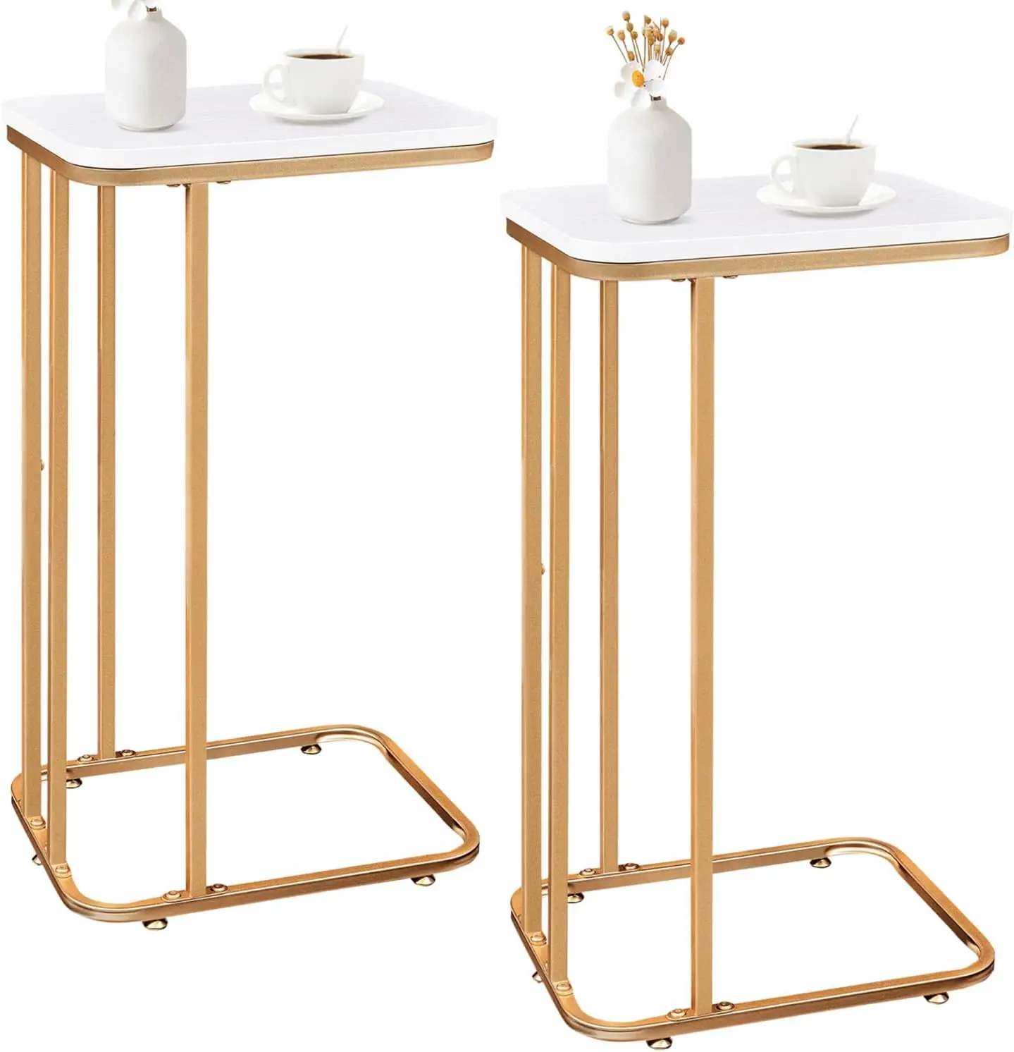 

C-Shaped End Table Set of 2, 27" High Small Side Table for Sofa and Bed, Metal Frame in Gold & White