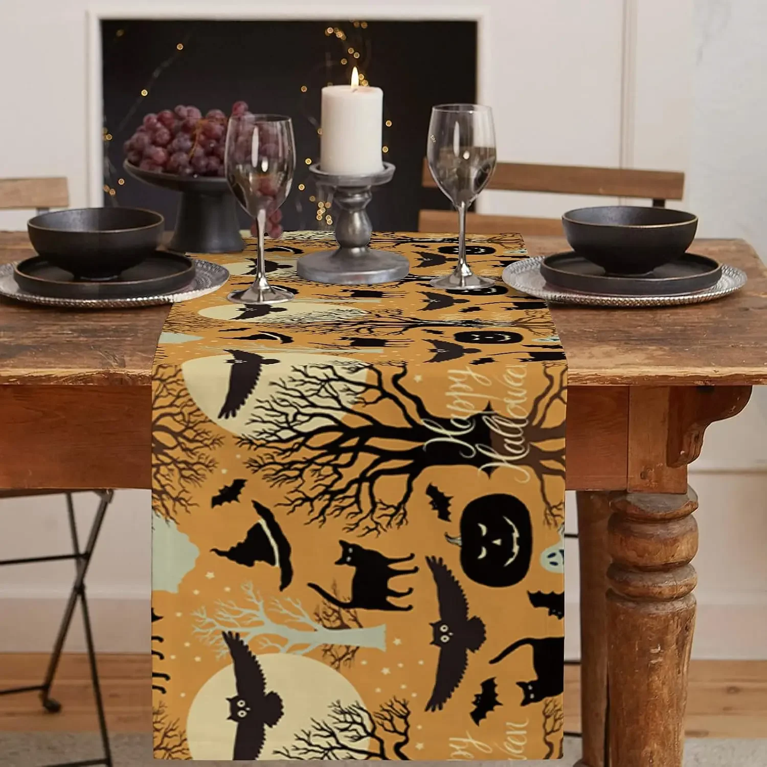 1Pc Halloween Style Table Runner Brown Black Cat Owl Bat Pumpkin Happy Halloween Print Table Cover For Dining Room Kitchen Party