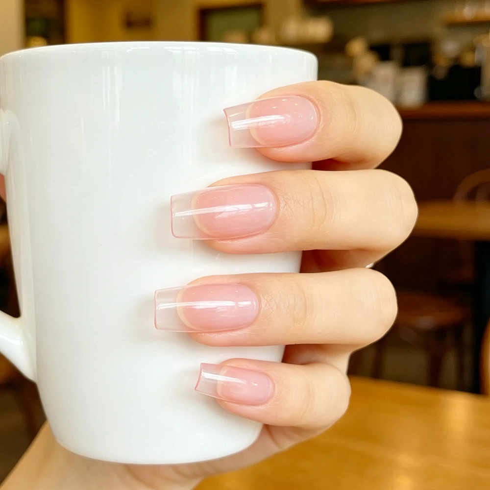 Sheer Pink Nude Clear Square False Nails Transparent Gradient Press On Nails Natural Look Artificial Nails For Women