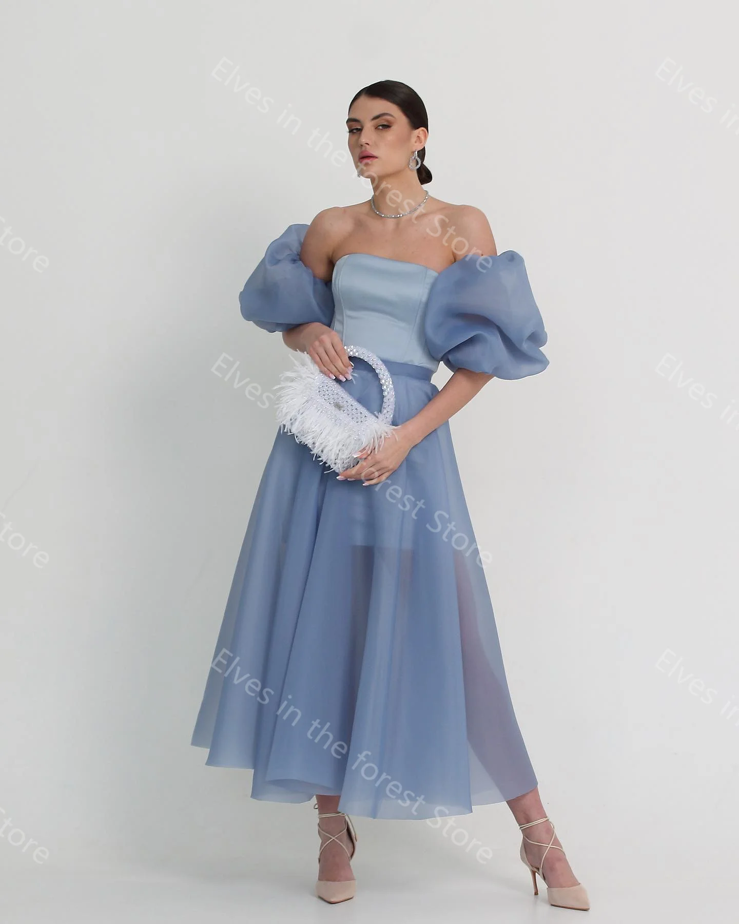 Smoky Blue A Line Evening Dresses Soft Chiffon Tea Length Women Prom Gowns with Detachable Sleeves Sexy Celebrity Party Dresses