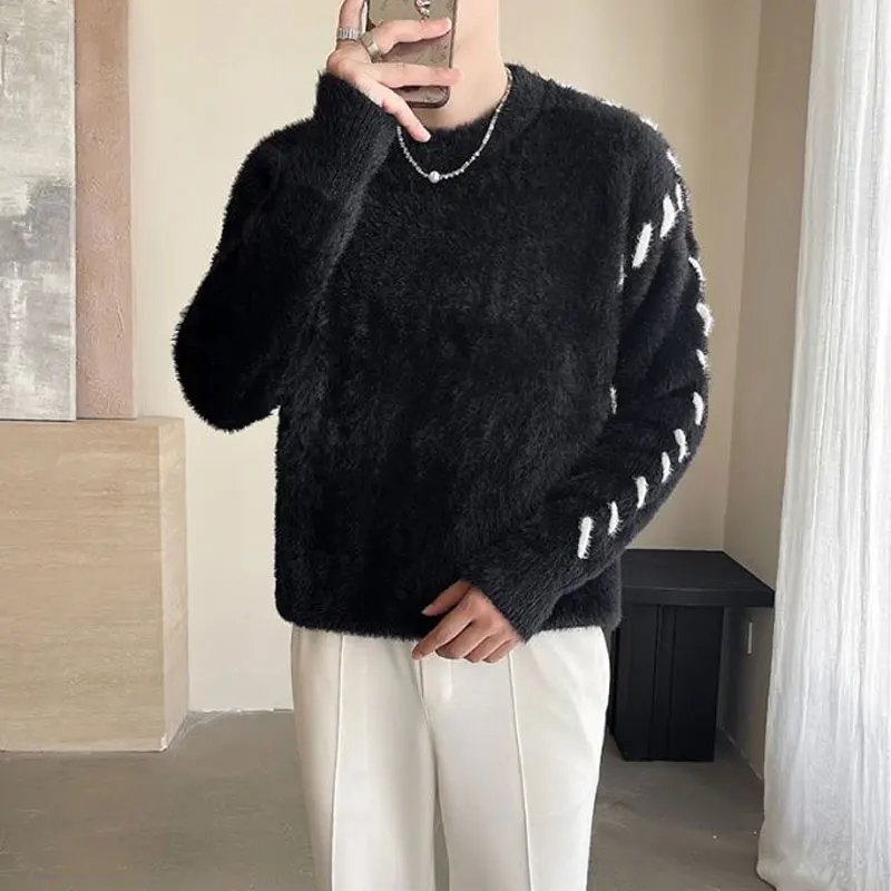 

Korean Spliced Knitted Pullovers Men's Clothing Casual Solid Color Autumn Winter O-Neck Young Style Basic Long Sleeve Sweaters