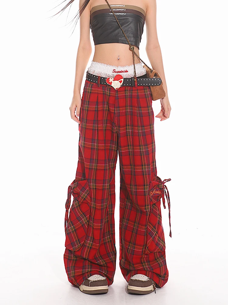 Checked Trousers Women Vintage Plaid Loose Cargo Pants Y2K Hip Hop Wide Leg Long Pants High Waist Straight Red Plaid Pants