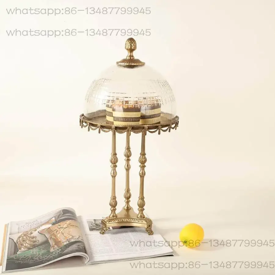 Vintage French Brass Decor Set, Candlestick Fruit Tray & Jade Cup Ornament for Villa Model Room Display